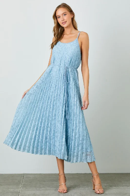 Light Blue Floral Pleated Maxi DressOne-shoulder Dress