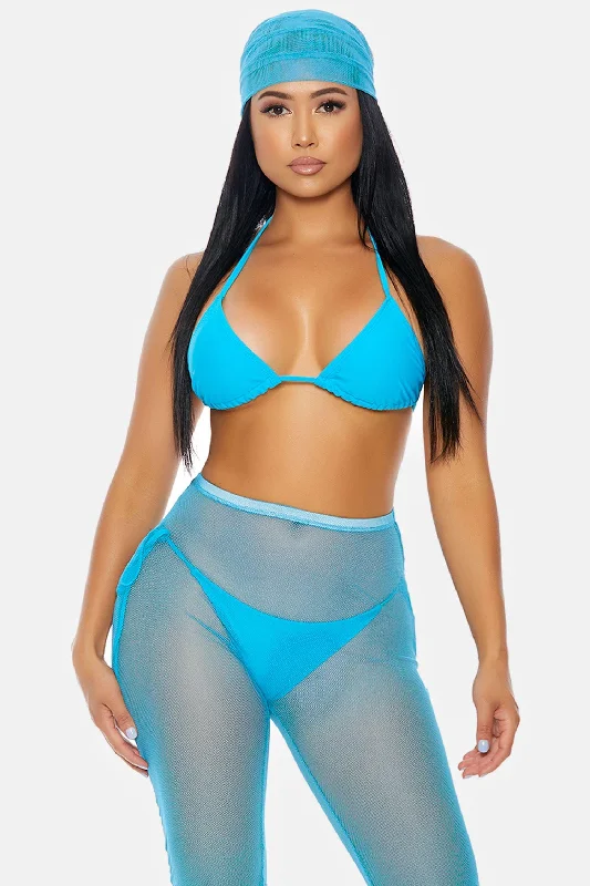 Turquoise Tie-Top Triangle Tie-Side Bottoms Mesh Biker Shorts & Headwrap Ocean Bikini Swimwear 4 Piece Set