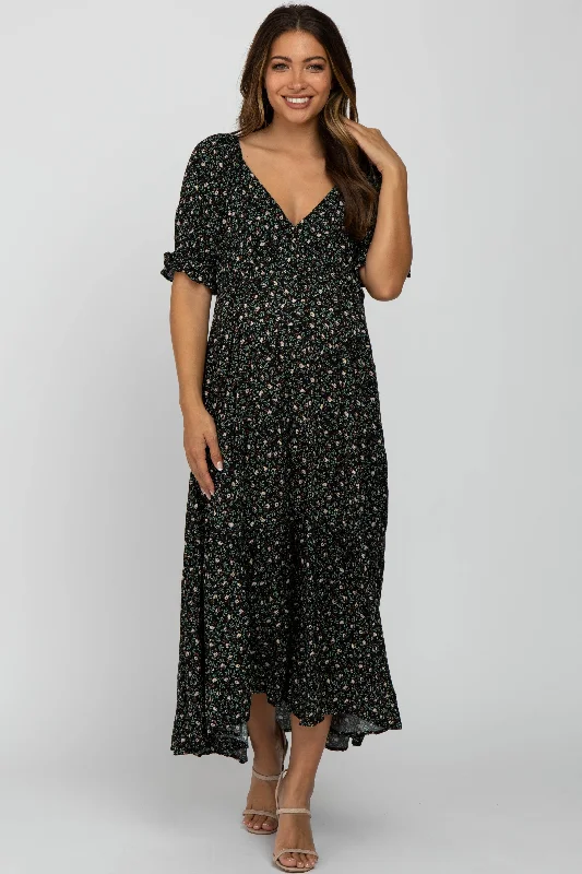 Green Floral V-Neck Ruffle Sleeve Maternity Midi DressFit-and-Flare Dress