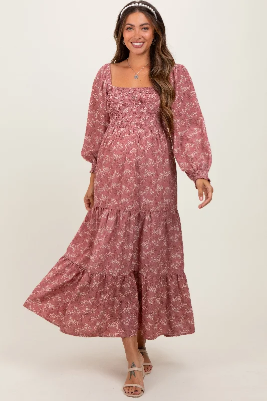 Mauve Floral Smocked Square Neck Maternity Maxi DressCrinoline Dress