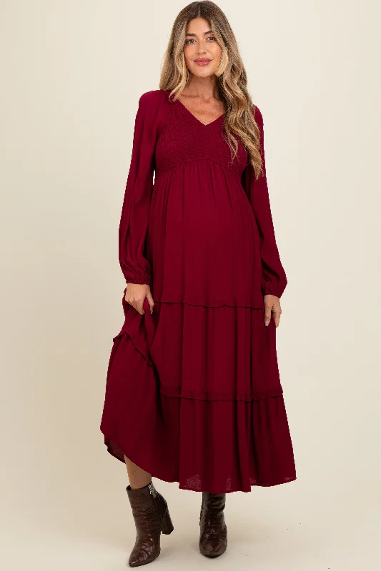 Burgundy Smocked Tiered Maternity Midi DressLace Dress