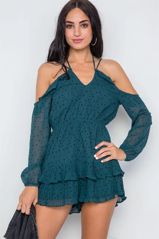 CamisoleEchoForest Green Chiffon Cold Shoulder Cami Polka Dot Romper /1-3-2-1