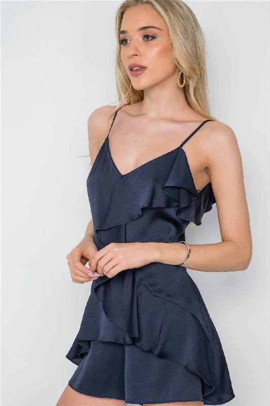 CamisoleFusionNavy Satin Cami Ruffle Flounce Romper /1-2