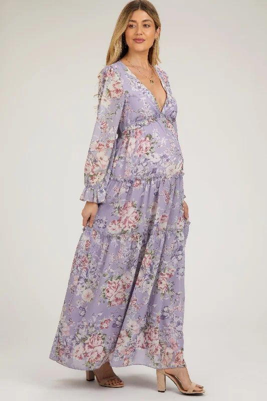 Lavender Floral Chiffon Deep V Ruffle Tiered Maternity Maxi DressA-line Dress