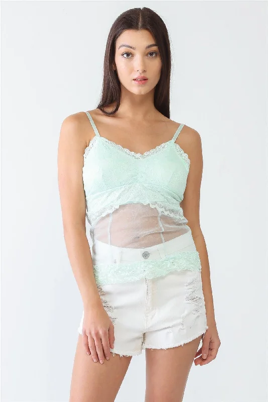 Mint Sheer Mesh Lace Sleeveless Push-Up Bustier Top