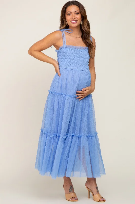 Light Blue Smocked Mesh Maternity Midi DressBridal Dress