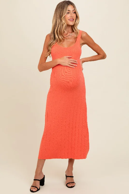 Orange Knit Ribbed Fitted Maternity Midi DressT-shirt Dress