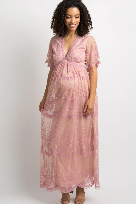 Pink Lace Mesh Overlay Maternity Maxi DressUtility Dress