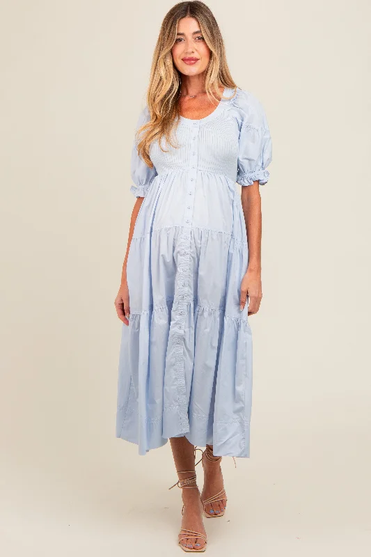 Light Blue Contrast Top Tiered Maternity Midi DressSilk Dress