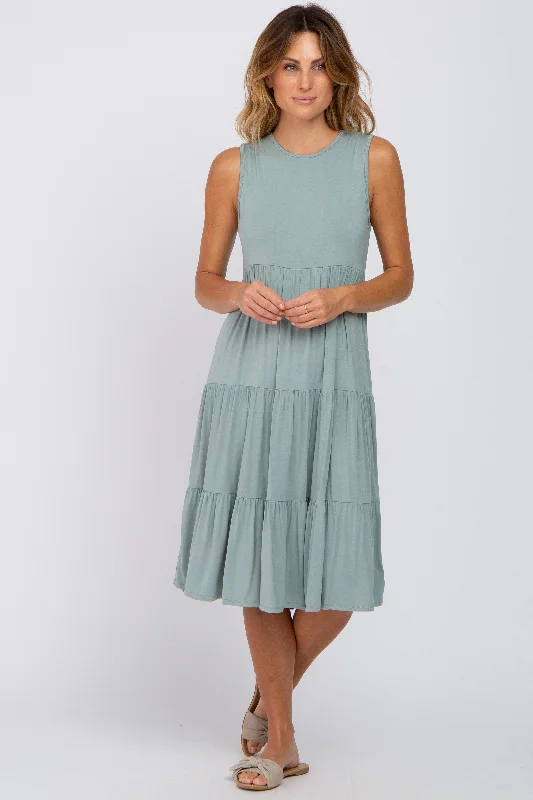 Light Olive Tiered Sleeveless Midi DressProm Dress