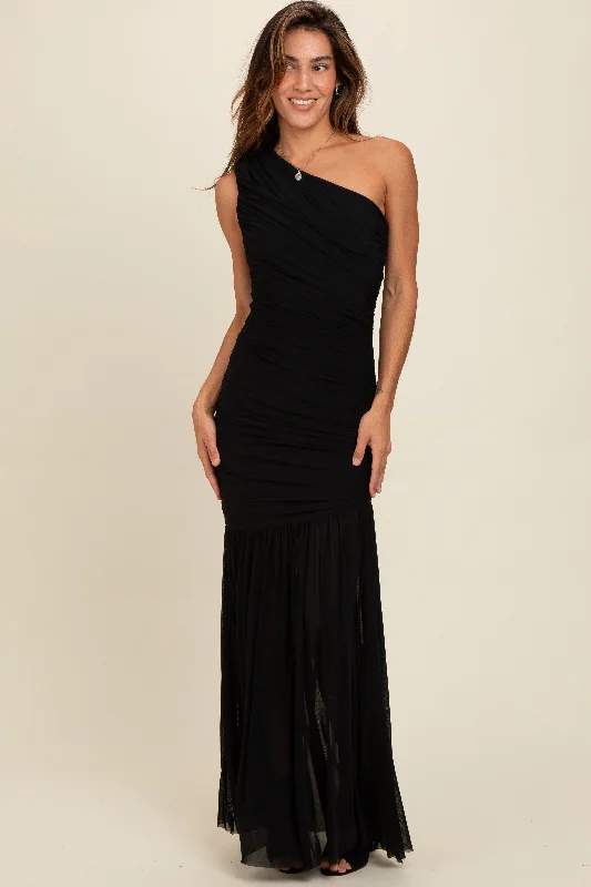 Black Ruched Mesh One Shoulder Maxi DressKaftan Dress