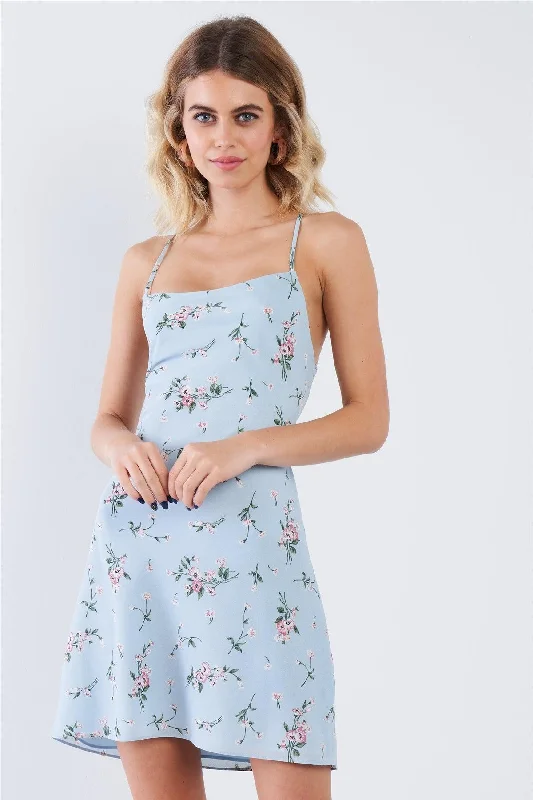 Sky Blue Floral Open Back Mini DressRunning Dress