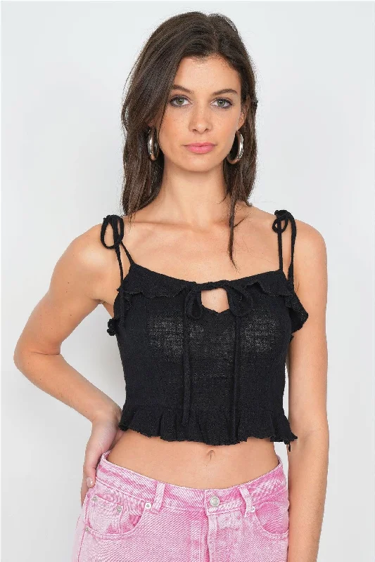 CamisoleGriffinBlack Cotton Self Tie Cami Strap Center Bow Cut Out Top /2-1-1