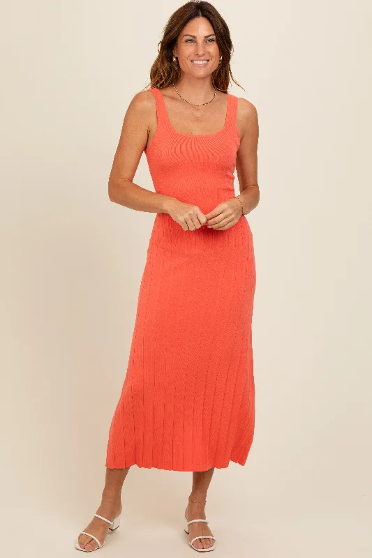 Orange Knit Ribbed Fitted Midi DressSweater Dress