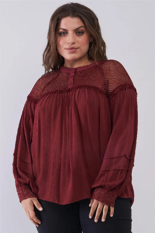 Junior Plus Size Burgundy Boho Sheer Net Mesh Balloon Sleeve Detail Relaxed Top