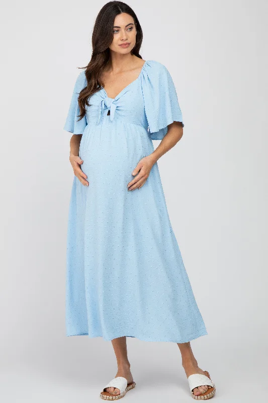 Light Blue Textured Dot Front Tie Ruffle Sleeve Maternity Midi DressOpaque Dress