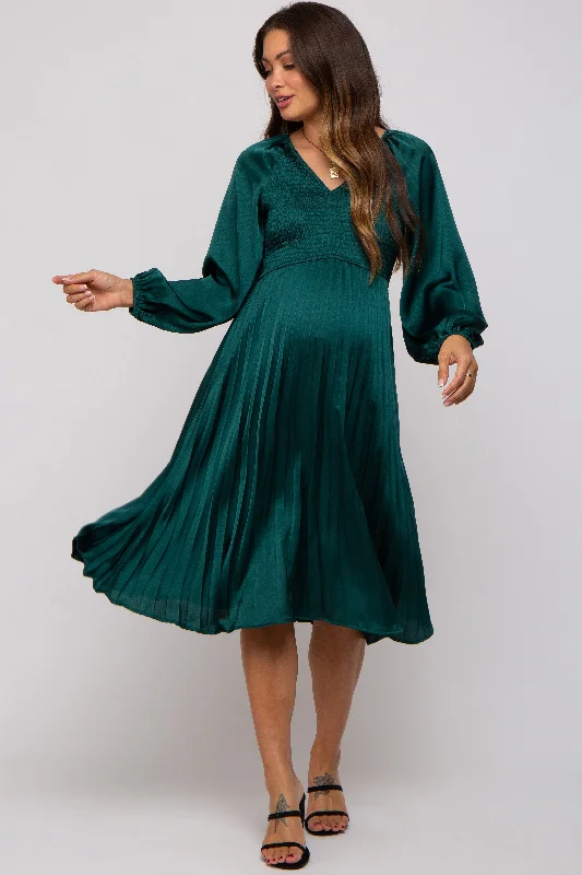 Forest Green Satin Smocked and Pleated Maternity Midi DressEthnic Dress