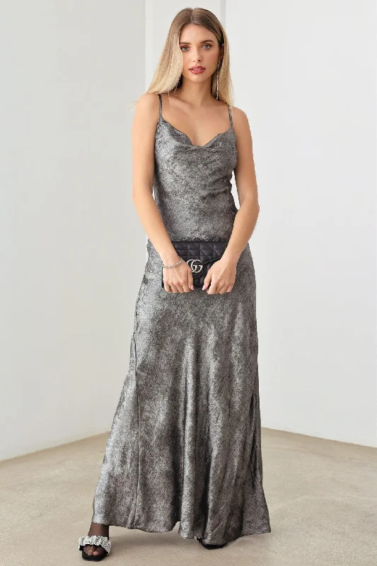 Metallic Cowl Neck Adjustable Strap Slip Maxi DressOff-the-shoulder Dress