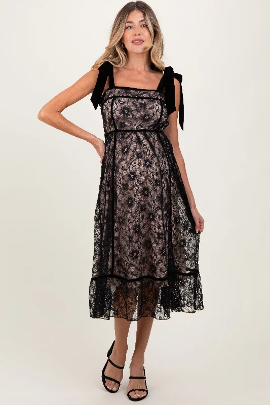 Black Floral Lace Velvet Tie Strap Maternity Midi DressUniform Dress