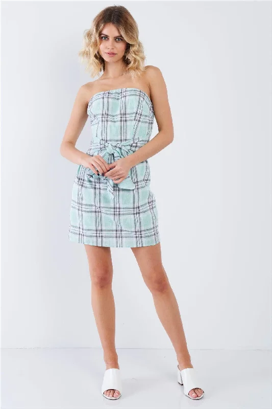 Green Plaid Stripe Tube Top Mock Wrap Mini Dress  /3-2-1Midi Dress