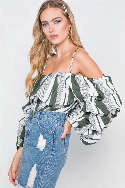 CamisoleAdventurerOlive Puff-Sleeve Stripe Cami Boho Top /2-2-2