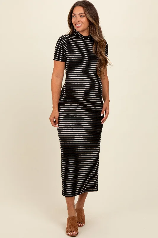 Black Striped Mock Neck Fitted Maternity Midi DressPolka-dot Dress