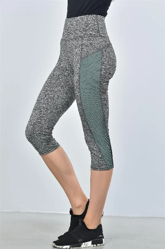 Grey And Aqua Color Block Mesh Insert Knee Length Leggings /2-4