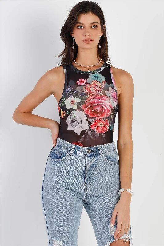 Black Mesh Floral Print Sleeveless Bodysuit /2-2-2