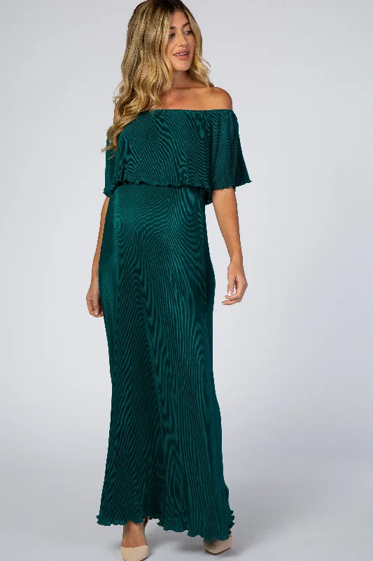 Forest Green Pleated Ruffle Off Shoulder Maternity Maxi DressBridal Gown