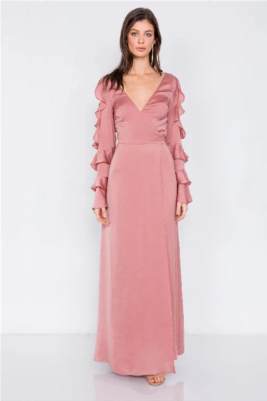 Satin Dusty Rose Cold Shoulder Frill Trim Wrap Maxi Dress /3-2-1Plaid Dress