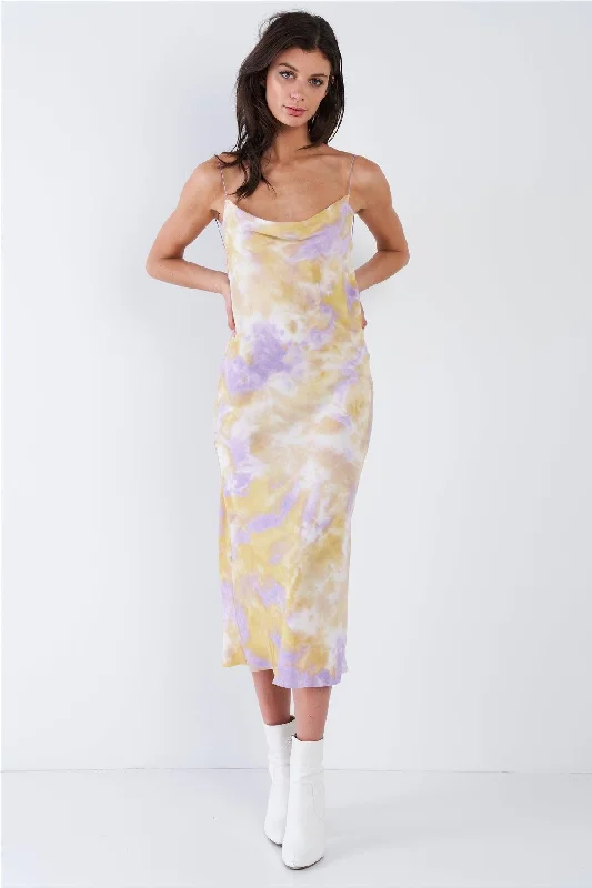 Lavender Purple & Yellow Tie Dye Cowl Neck Raw Hem Open Back Midi Dress /3-2-1Edwardian Dress