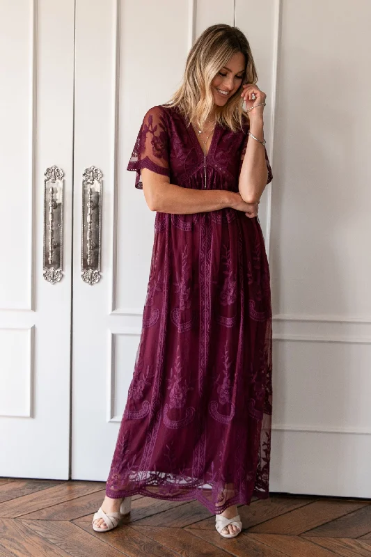 PinkBlush Deep Burgundy Lace Mesh Overlay Maxi DressEvening Dress