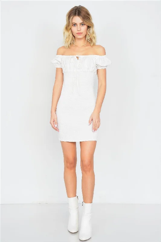 Off-White Square Neck Ruched Center Keyhole Mini Dress /3-2-1Asymmetrical Dress