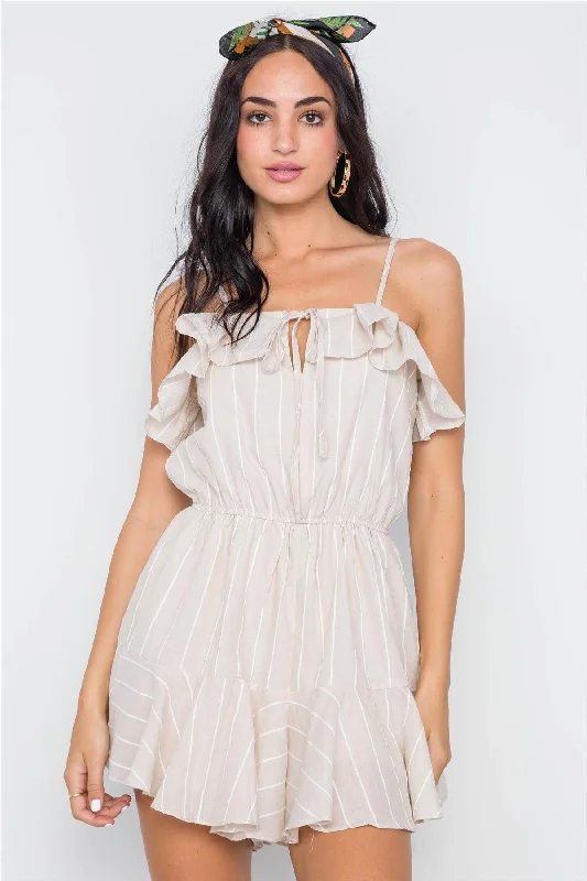 CamisolePinnacleBeige Stripe Cami Flounce Boho Romper /1-3-2-1