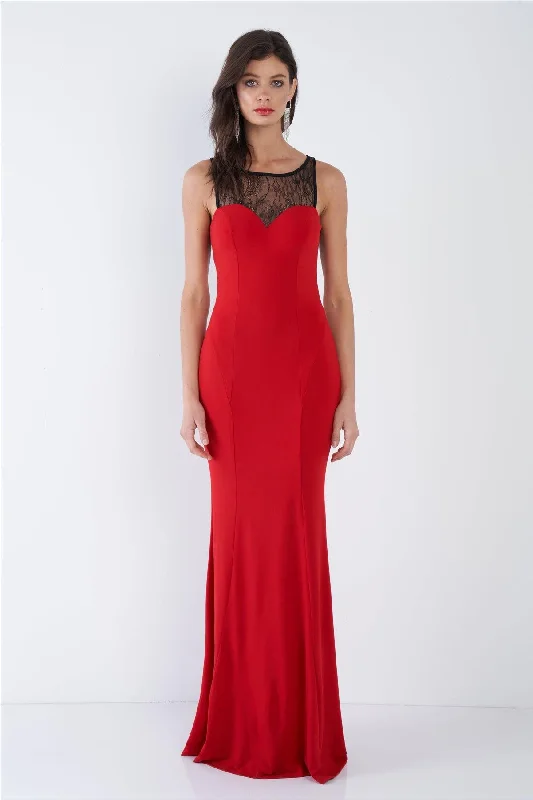 Red Sheer Lace Sweetheart Elegant Maxi Dress /2-2-2School Dress