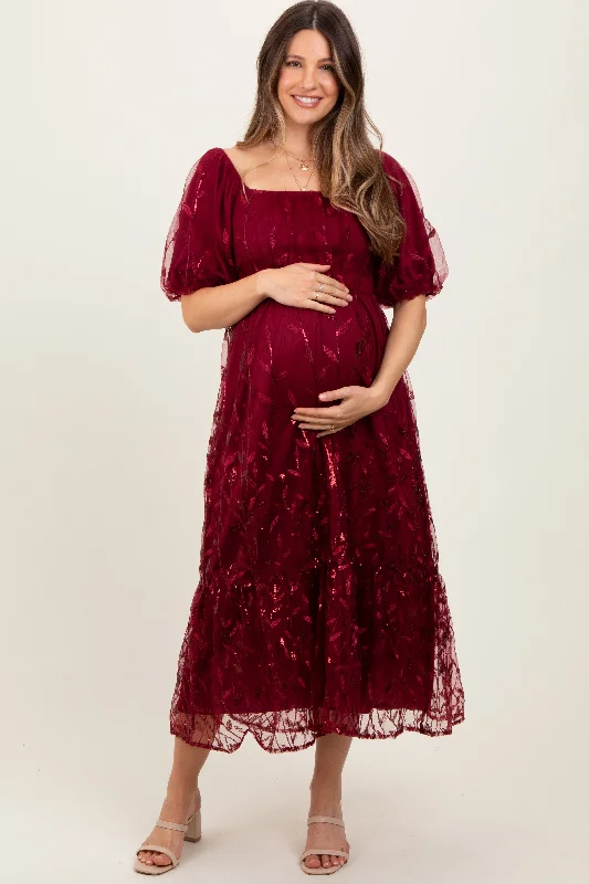 Burgundy Embroidered Sequin Detail Mesh Overlay Maternity Maxi DressSchool Dress