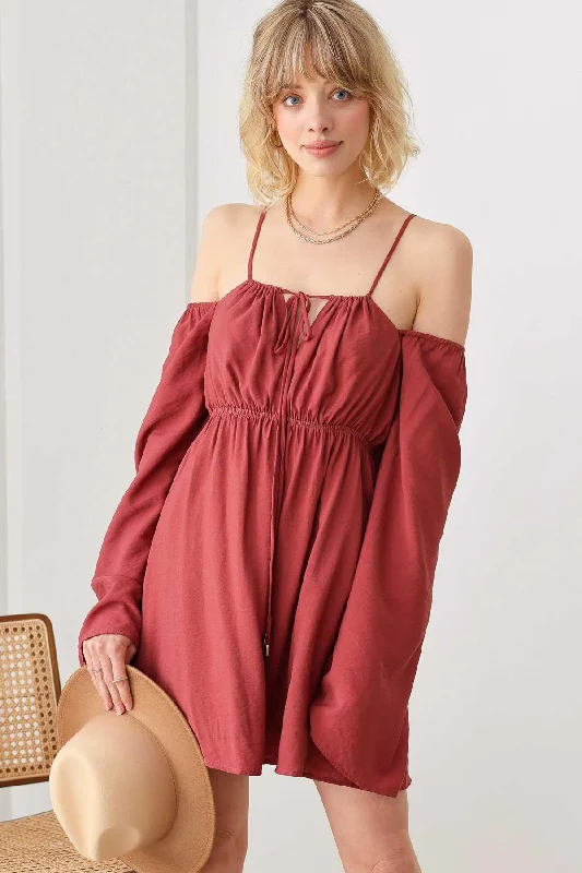 Boho Drawstring Halter Neck Smocked Bust Long Puff Sleeve DressBoho Dress