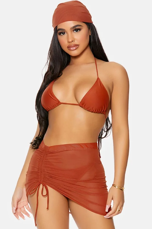 Rust Covered Up Ruched Mesh Pool Swimwear High Waist Skirt