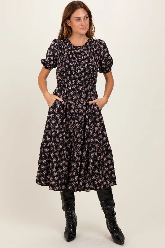 Black Floral Puff Sleeve Smocked Midi DressFloral Dress