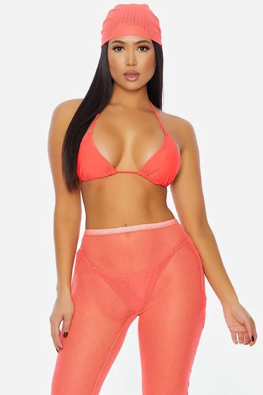 Coral Tie-Top Triangle Tie-Side Bottoms Mesh Biker Shorts & Headwrap Ocean Bikini Swimwear 4 Piece Set