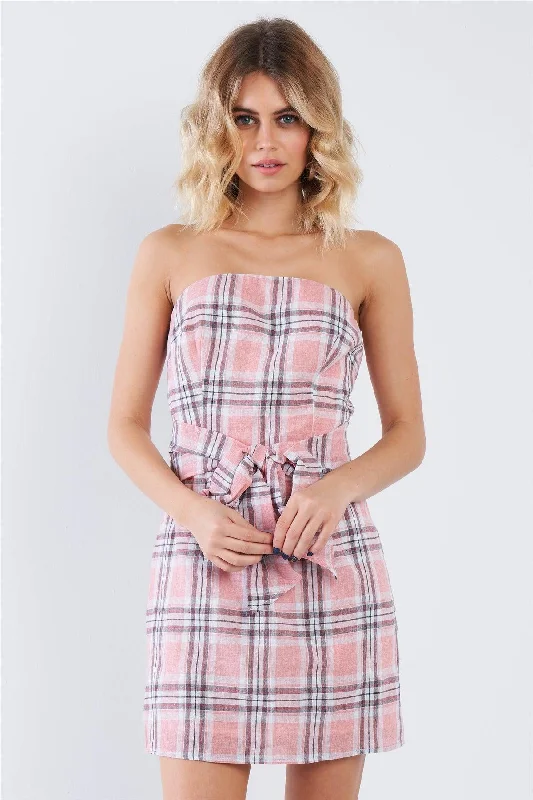 Pink Plaid Stripe Tube Top Mock Wrap Mini DressMini Dress