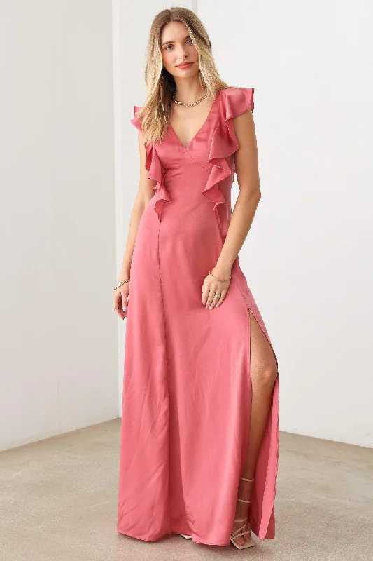 Satin Ruffle Shoulder Back Tie Strap Front Slit Maxi DressFloral Dress