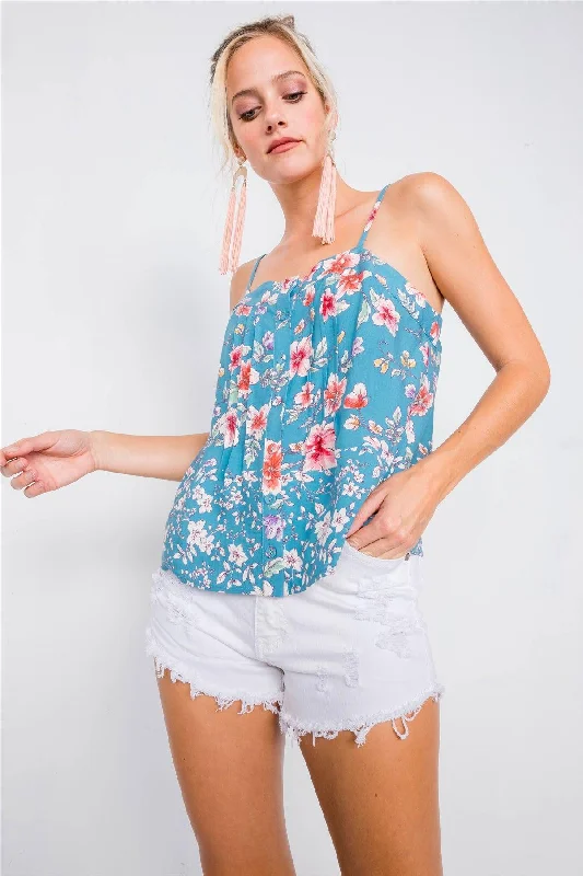 CamisoleDiamondBlue Vintage Boho Floral U-Shape Hem Cami Top /2-2-2