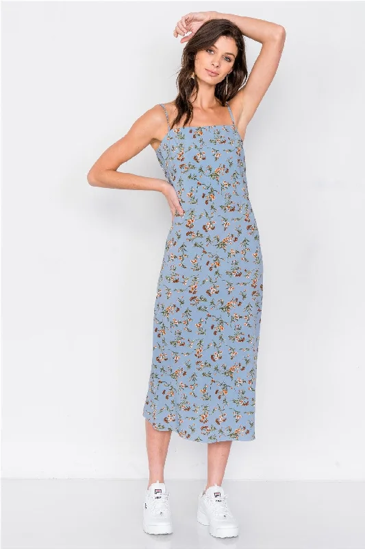 Sky Blue Open Back Boho Floral Print Midi Dress /4-2-1Empire Waist Dress