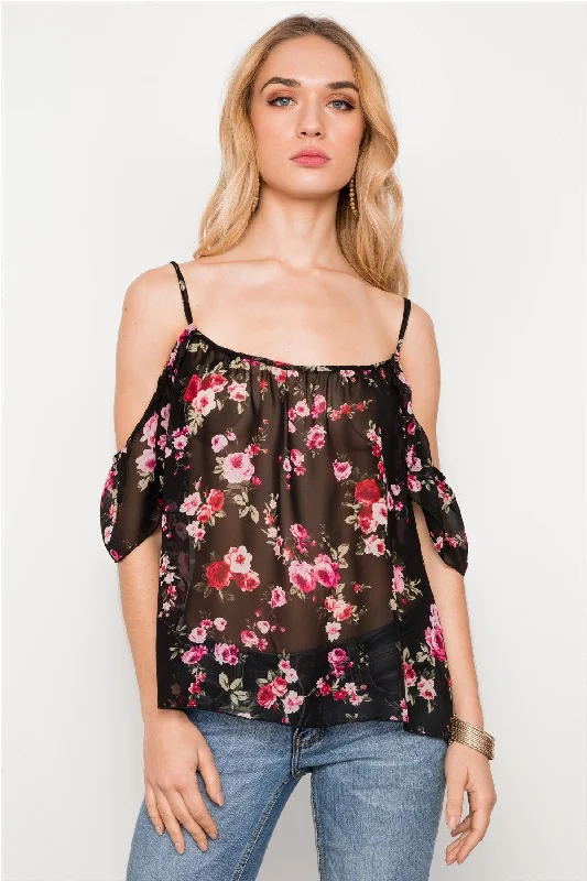 CamisolePeakBlack Floral Print Sheer Chiffon Cami Boho Top /2-2-2