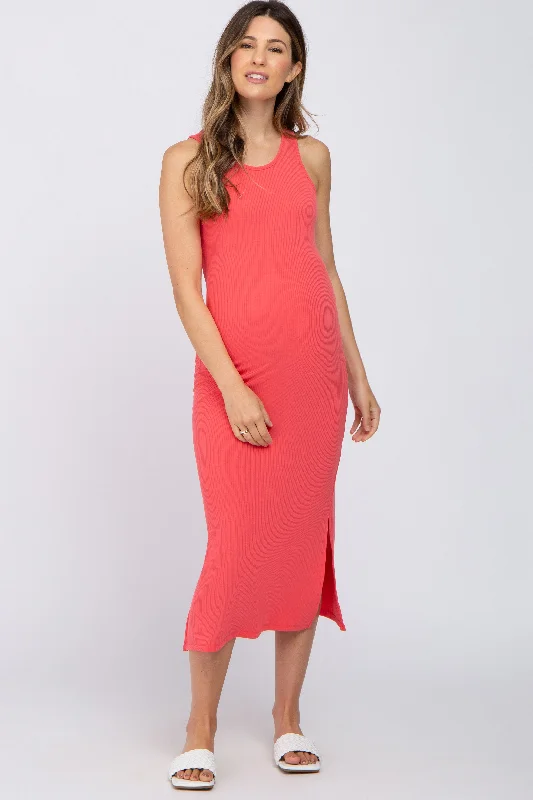 Coral Ribbed Side Slit Maternity Midi DressT-shirt Dress