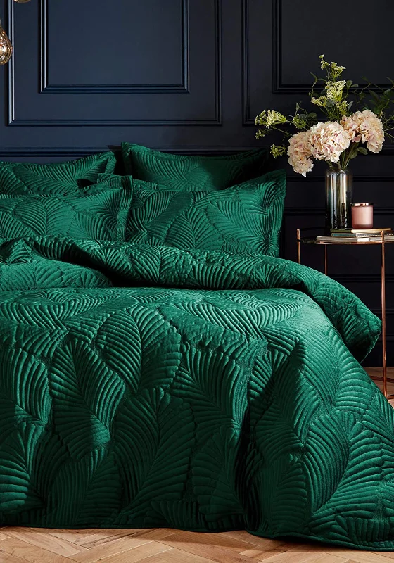 Paoletti Palmeria Quilted Velvet Double Duvet Set, Emerald