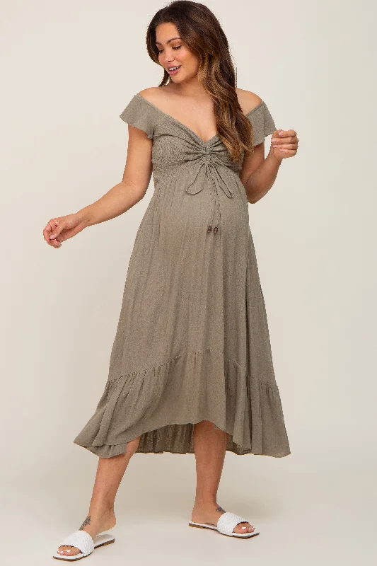 Olive Smocked Ruched Ruffle Hem Maternity Maxi DressFormal Dress