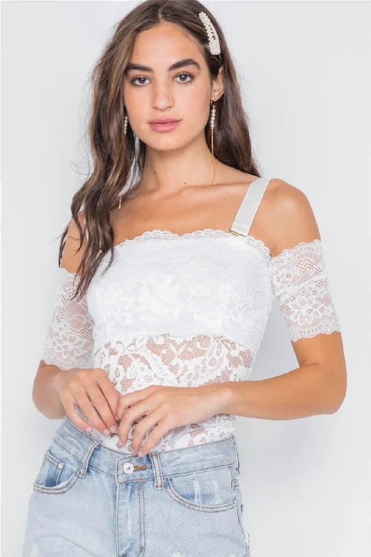 CamisoleDragonWhite Cami Off-The-Shoulder Floral Lace Bodysuit /2-2-2