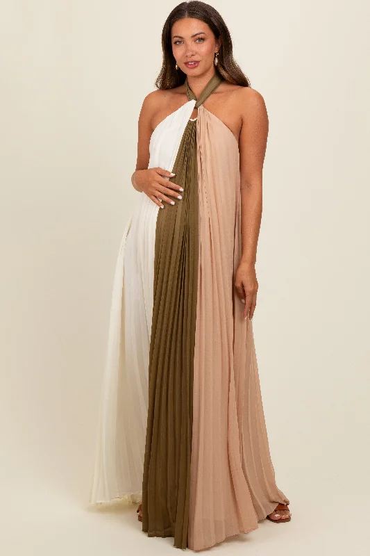 Olive Colorblock Pleated Halter Neck Maternity Maxi DressHigh-low Dress